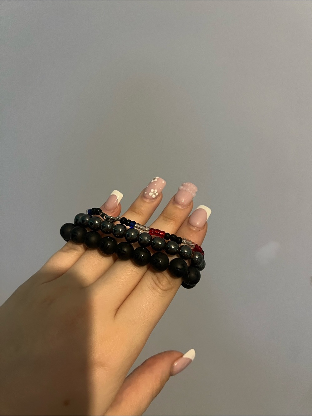 #152. Black and Red Beaded Stretch Bracelet Set - Picture 3 of 4